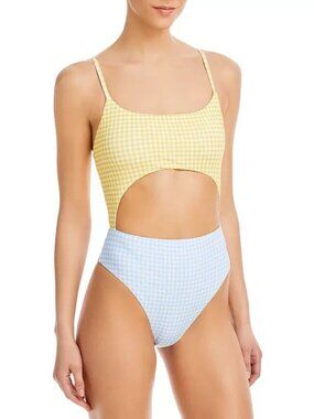 AQUA Swim Colorblock Cutout Maillo One Piece Swimsuit Yellow Blue Gingham M NWT